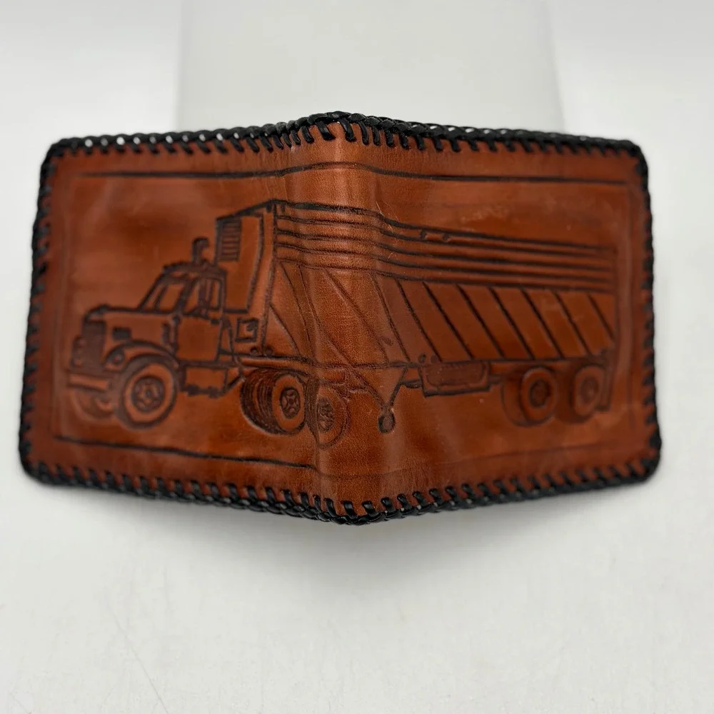 Vintage Hand Tooled Brown Leather‎ Trucker Wallet Bifold Semi Truck Whipstitch